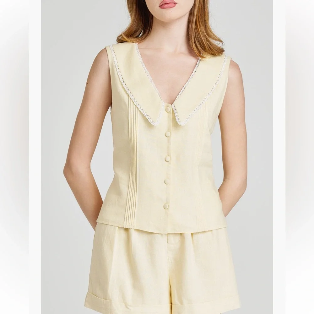 Wayf butter yellow Styled by COCO! Allie Lace Detail Linen Blend NWT - Picture 8 of 8